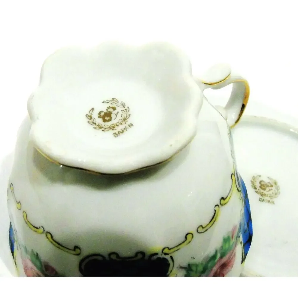 VTG Nippon Yoko Boeki TEA CUP & SAUCER SET Blue Fishnet Panel Pink Flower Japan - Picture 3 of 4